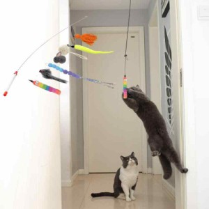 JUNSPOW猫じゃらし[ハンギングドア猫用おもちゃ9個セット/2つの遊び方]天然鳥羽猫スティック猫マウスおもちゃと自動交換可能なおもちゃ (