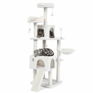 AIFY キャットタワー 木製据え置き型 ハンモック おもちゃ付き (170cm, アイボリー)