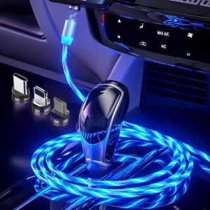 車内USB充電ケーブルライト 車内デコレーションライト LED発光ケーブルライト 超高輝度 マグネット端子 一本三役 3in1 360℃超強力吸着 
