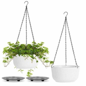 T4U 植木鉢 ハンギングプランター ハンギングバスケット 吊り鉢 観葉植物 自動給水 花鉢 屋外 白 2点入り 縞模様 直径22cm