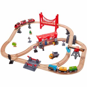 Hape 忙しい街の列車レールセット | 都市をテーマにした木製レールおもちゃセット 旅客列車 貨物列車 駅 遊びの置物など マルチカラー モ