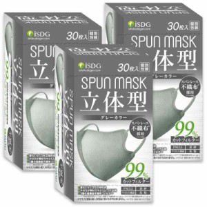 [医食同源ドットコム] iSDG【90枚 30枚入x3箱】 立体型スパンレース不織布カラーマスク SPUN MASK (スパンマスク) グレー 30枚入x3箱