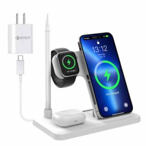 ワイヤレス充電器 4in1 急速充電【置くだけ充電器&最大15W急速充電】iphone 充電器 ワイヤレス スマホ充電スタンド 折りたたみ式 角度調