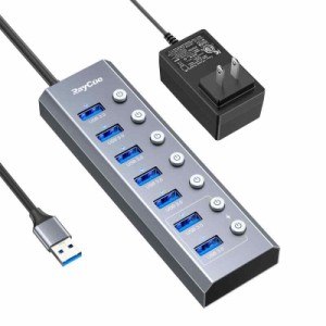 RayCue USB ハブ 3.0 Hub 7ポート 2024 5Gbps高速 USB拡張 コンパクト セルフパワー/バスパワー 独立スイッチ付 5V/3A ACアダプタ付 電源