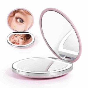 LEDライト付き 手鏡 コンパクト ホワイト 明るさ調節可能 LED化粧鏡 (ピンク)