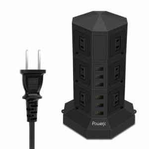 電源タップ 縦型コンセント タワー式 オフィス・会議用 USB急速充電 3m 1500wスイッチ付 12口 ３層 Powerjc