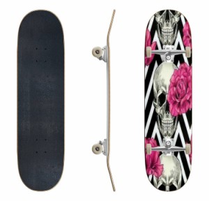 スケートボード スカルとピンクのバラ 幾何学模様 シームレス クラシック 凹型 スケートボ