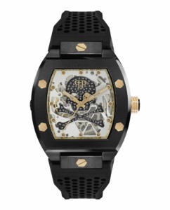 Philipp Plein The keleton Collection Luxury Mens Watch Timepiece with a Black Strap Featuring a IP Black Case and Grey Dial