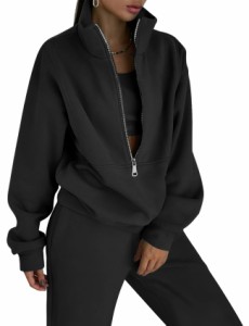PEHMEA Womens 2 Piece Outfit Fleece Half Zip Sweatshirt and Joggers Pants Set Y2K Tracksuit SweatsuitBlack-S