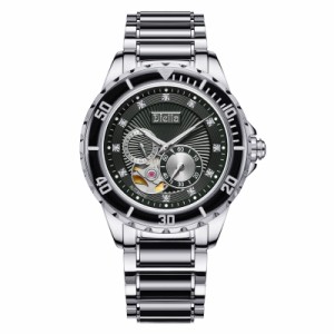 Diella Mens Automatic Mechanical Wrist Watches Luxury Skeleton Watches for Men with Black Green Jade  Steel Strap Model 
