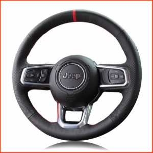 並行輸入品Black Side Perforated Leather Red Marker Steering Wheel Protector Cover Hand-Stitch on Wrap Fit for Jeep Wrang