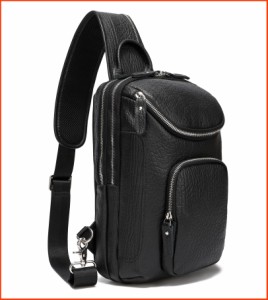 並行輸入品LANNSYNE Mens Vintage Full Grain Leather Sling Bag Crossbody Chest Daypack fits 10.5 iPad Black