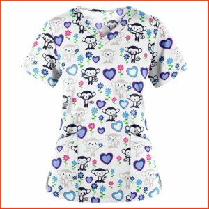 並行輸入品Cute Monkey Print Womens Short Sleeve V-Neck Scrub Tops Stretchy Plus Size Nursing Uniforms Shirts with Pocke