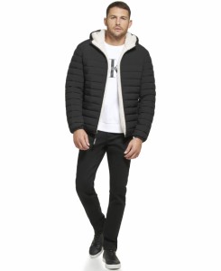 カルバンクライン Calvin Klein Mens Hooded Down Jacket Quilted Coat Sherpa Lined Ebony Small 送料無料