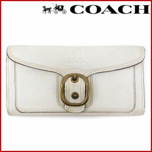 コーチ 財布 COACH 長財布 三つ折りファスナー ベルトバックルデザイン ホワイト×アンティークゴールド (激安・即納) 【中古】 X4392