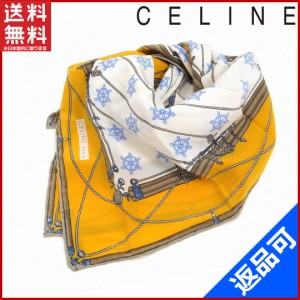 セリーヌ スカーフ CELINE スカーフ 中伴サイズ ホワイト×イエロー系 人気　美品 【中古】 X7482