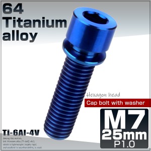 チタンボルト M7×25mm P1.0 ステムボルト キャップボルト 六角穴 ワッシャー付き ブルー JA722