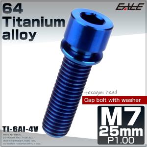 チタンボルト M7×25mm P1.0 ステムボルト キャップボルト 六角穴 ワッシャー付き ブルー JA722
