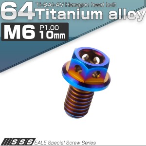 チタンボルト M6×10mm P1.0 六角ボルト 六角穴付き フランジ付き 焼きチタン風 デザイン JA724