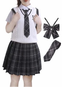 [Sharphon] チェック プリーツスカート 25色 43/48CM丈 制服 ハイウエスト プリーツ スカート 蝶結び ネクタイ 3点セット