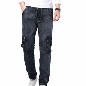 デニムパンツ メンズジーンズ ストレートパンツ ゆったり 大きいサイズ カーゴパンツ ウエストゴム ズボン ジーパン 個性 ファッション h