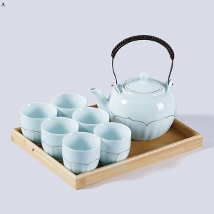 番茶器セット 急須セット 6客 茶器乾燥ティートレー 湯呑セット 大容量 青 蓮の花 金描き 日本茶 中国茶 手提げポット セラミック 茶杯 