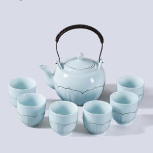 番茶器セット 急須セット 6客 茶器乾燥ティートレー 湯呑セット 大容量 青 蓮の花 金描き 日本茶 中国茶 手提げポット セラミック 茶杯 