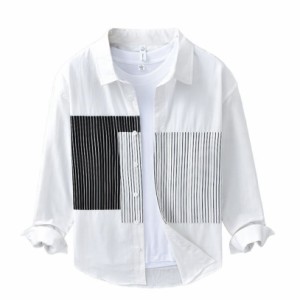 シャツ メンズ パッチワーク ジャケット ボタン付き アウター ストライプ柄 長袖シャツ オーバーサイズ コーディネート カジュアルシャツ