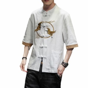 鶴柄 ジャカード チャイナシャツ メンズ 半袖 棉麻 カジュアル チャイナボタン 中華風 唐装 漢服 ファッション ゆったり 大きいサイズ 通
