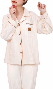 パジャマ メンズ レディース 綿100 ペアパジャマ 吸汗 クマ 前開き 衿付き 長袖 カップル ペアルック 衿付き ルームウエア 男女セット 恋