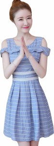 レディース ワンピース ストライプ 半袖 夏服 ロング丈 ワンピース 無地 肩出し 丸首 かわいい ドレス チュニック aライン 着痩せ カジュ