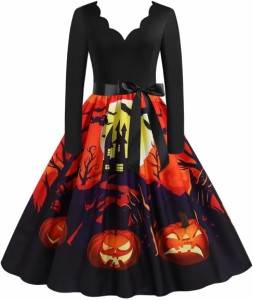 ハロウィン 仮装 レディース 洋服 女性 ワンピース かぼちゃ 可愛い プリント 膝丈ワンピース ベルト付き Vネック 長袖ワンピース 魔女 