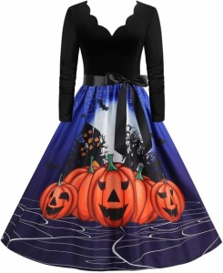 ハロウィン 仮装 レディース かぼちゃ ワンピース 長袖 膝丈ワンピース 可愛い 魔女 コスプレ衣装 大人 女性 aライン パーティー ドレス 