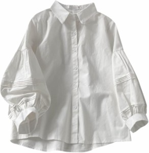  春秋 白ワイシャツ ワイシャツ レディース 長袖シャツ パフスリーブ 可愛い ゆったり カジュアル お開襟 ボタン コーデ万能 普段着 快適