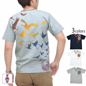 鶴ヘンリーネック半袖Tシャツ 華鳥櫻 8002103 和柄 和風 ツル グラデーション 華鳥風月