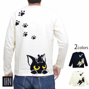 ラミ＆アール長袖Tシャツ LIN ALT-75005A 黒猫 ネコ 鼠 ネズミ 和柄 和風 ロングTシャツ