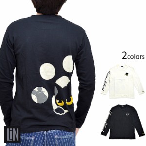 こんばんニャ長袖Tシャツ LIN AL-75023 和柄 和風 黒猫 ネコ ねこ ネズミ 鼠 ロングTシャツ 刺繍