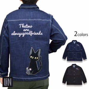 ラミ＆アール デニムカバーオールジャケット LIN AL-75061 黒猫 ネコ 鼠 ネズミ 刺繍