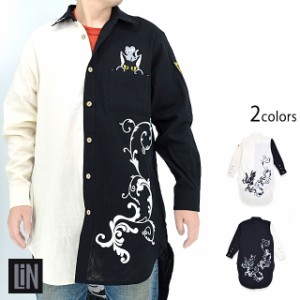 ラミ＆アール バイカラーロングシャツ LIN AL-75104 和柄 黒猫 ネコ 鼠 ネズミ 刺繍 長丈 ユニセックス