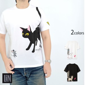 ラミ＆アール「一緒に遊びに行こうよ！」半袖Tシャツ LIN AL-75107 黒猫 ネコ ネズミ 鼠 ユニセックス