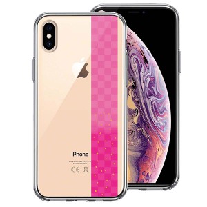 iPhone XS X ケース ハードケース ハイブリッド クリア 和柄 帯 市松模様 ピンク 金箔 カバー アイホン アイフォン スマホケース