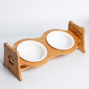 ペティファーム 陶器製バンブースタンド付きダブルボウル ホワイト （ペット用食器）