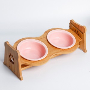 ペティファーム 陶器製バンブースタンド付きダブルボウル ピンク （ペット用食器）