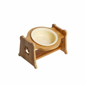 ペティファーム 陶器製バンブースタンド付きフードボウル イエロー （ペット用食器）