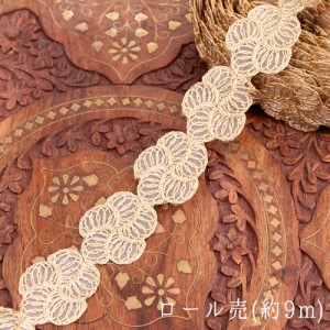  【送料無料】 約9m チロリアンテープ ロール売 金糸が美しい 更紗模様のゴータ刺繍〔幅 約4cm〕 プルメリア / Gota embroidery ラジャス