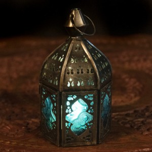  モロッコスタイルの透かし彫りLEDキャンドルランタン〔ロウソク風LEDキャンドル付き〕 〔ブルー〕約12.5×6.5cm / キャンドルスタンド 