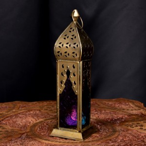  モロッコスタイルの透かし彫りLEDキャンドルランタン〔ロウソク風LEDキャンドル付き〕 〔ブルー＆パープル〕約25.5×7cm / キャンドルス
