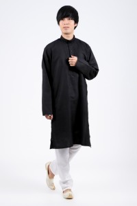  【送料無料】 シンプルブラック クルタ パジャマ上下セット インドの男性民族衣装 / クルタパジャマ Kurta Pajama 黒 TIRAKITA(ティラキ