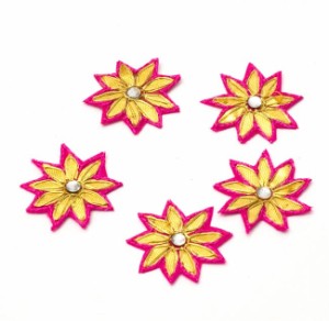  インドの刺繍アップリケ 花 5個セット 【ピンク】 / 手芸 アジア アジアン ネパールワッペン 布 ファブリック エスニック