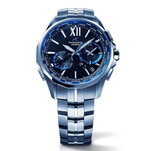 カシオ メンズ 腕時計/CASIO OCEANUS オシアナス クロノグラフ 国内正規品 3連ステンレスベルト 腕時計 ネイビー シルバー 送料無料/込 